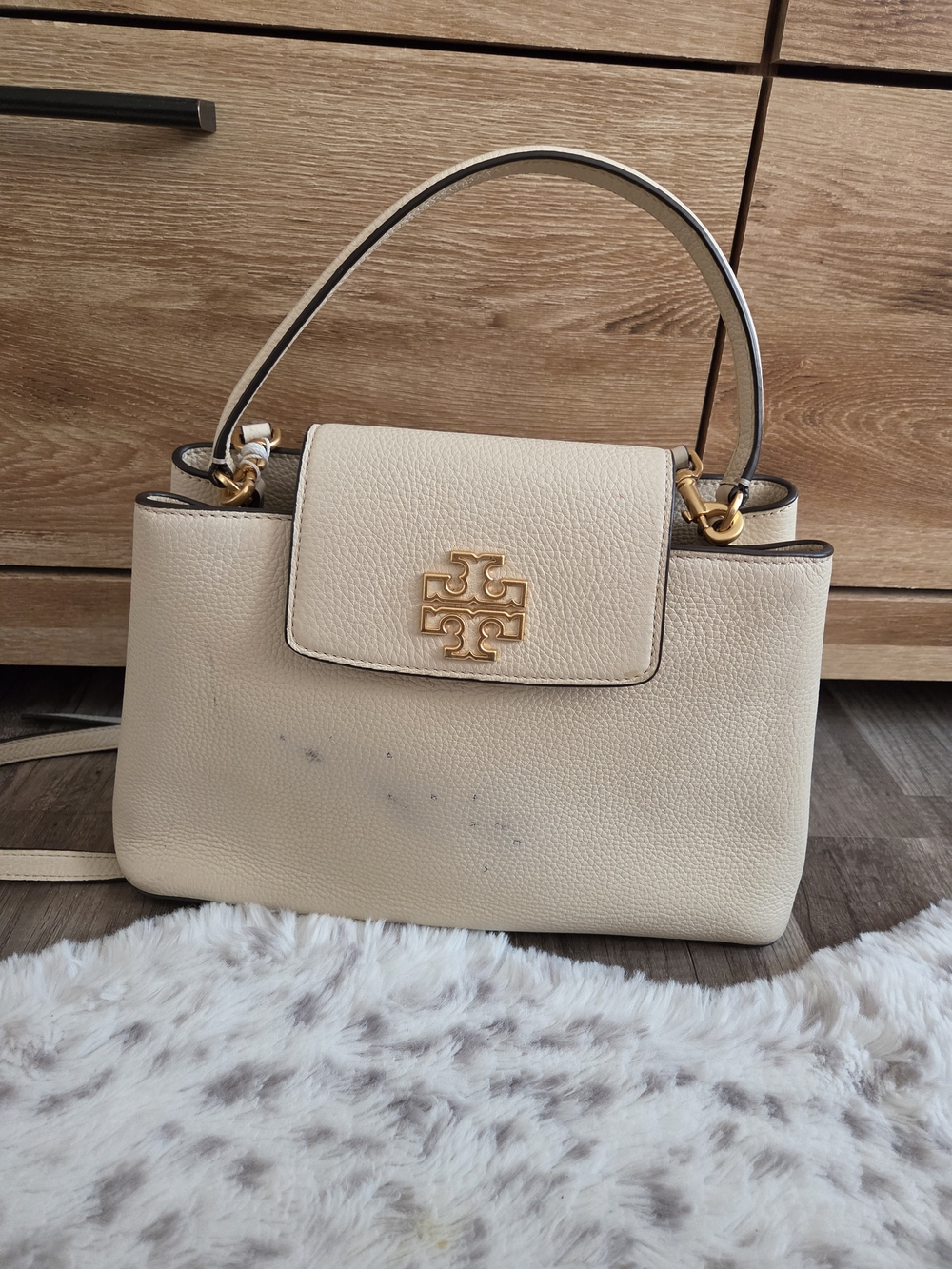 Tory Burch Cream Pebbled Leather Top-Handle Satchel with Gold Logo